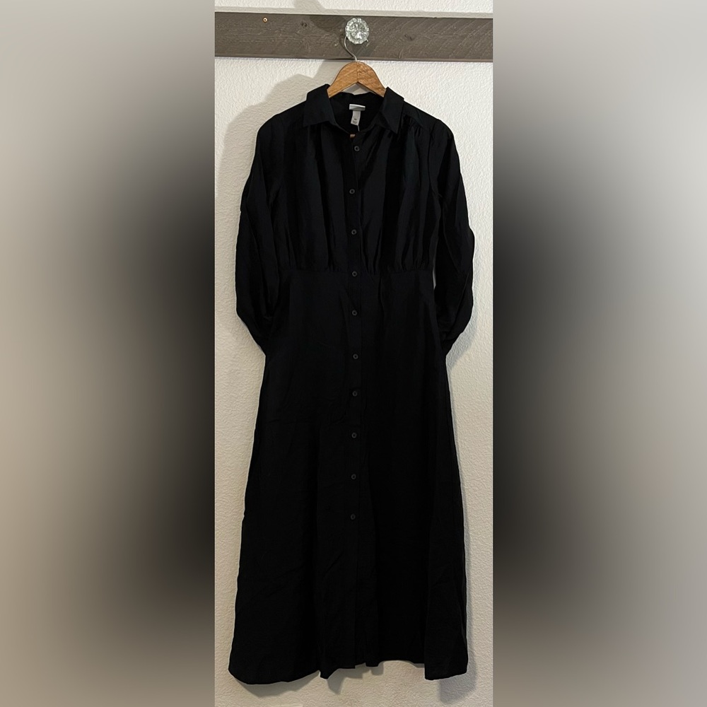 A New Day Dress Shirt Dress Midi Long Sleeve Crepe Pockets Black XS NWT
